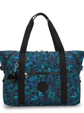 Kipling Blue Teal Patterned Tote with Black Straps